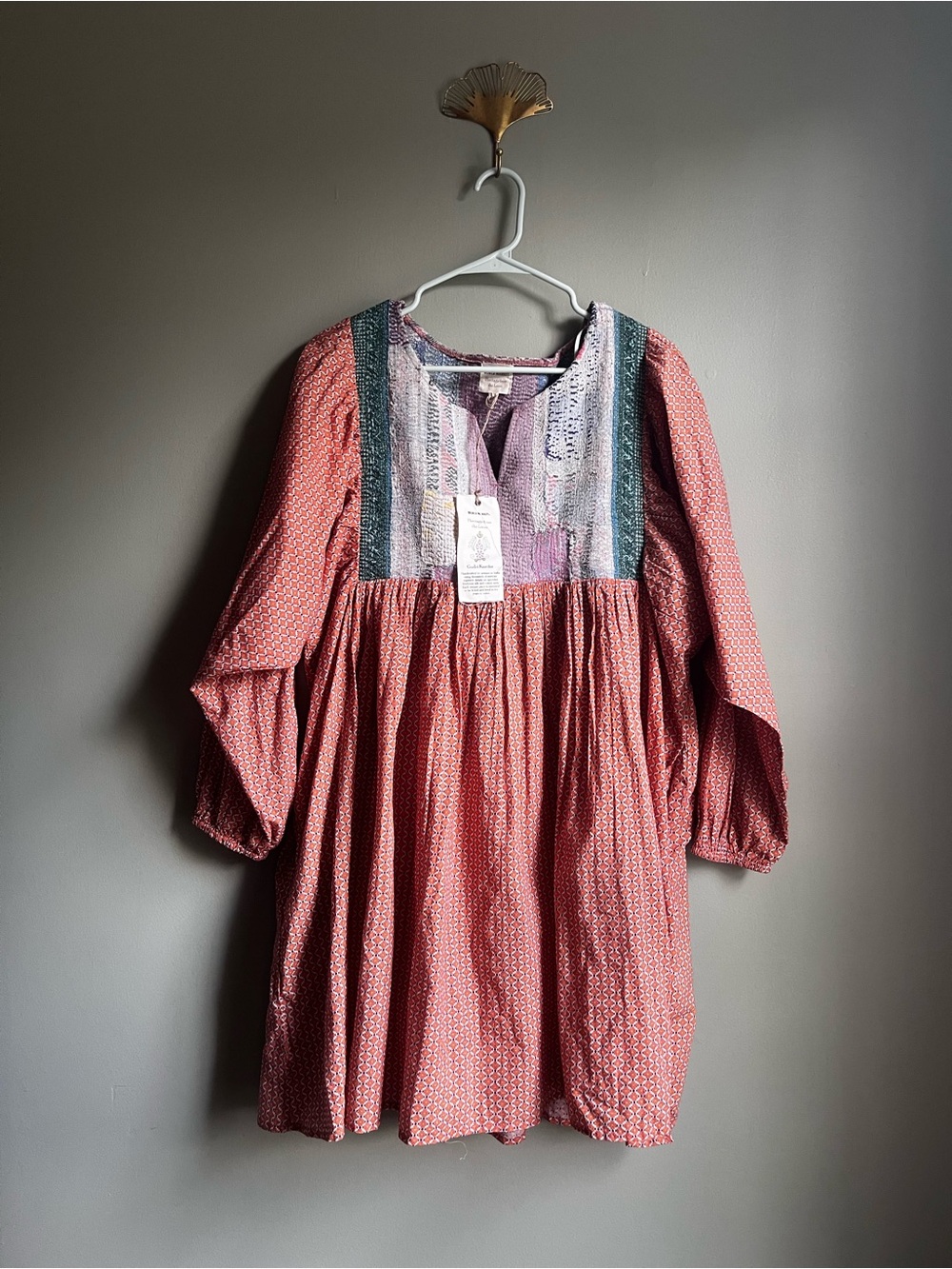Cost Plus World Market Coral Patterned Smocked Yoke Dress - Kantha Stitched S/M